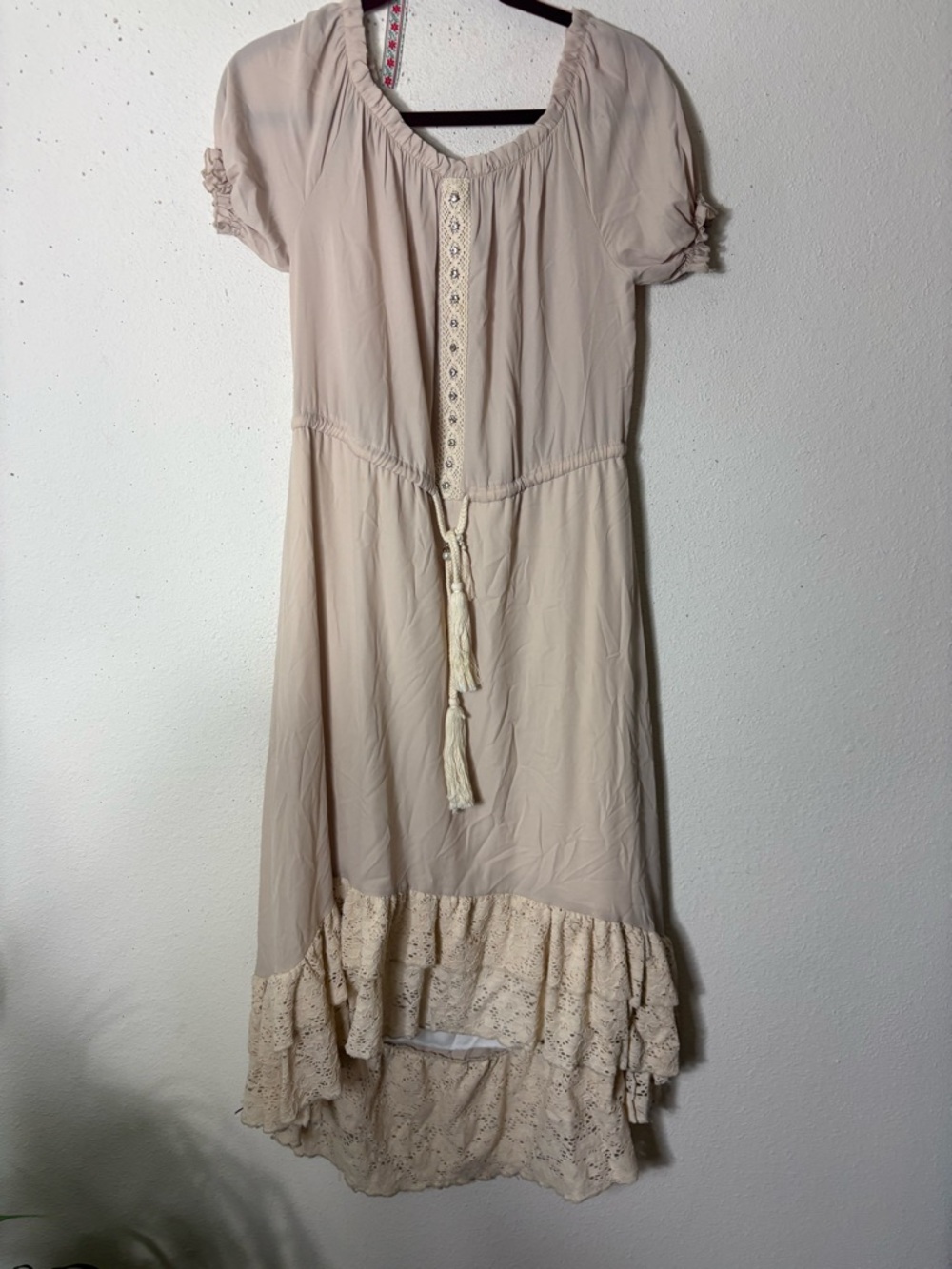 Laura Jane Cream Embellished Dress Boho Tassel Midi Dress in Light Beige